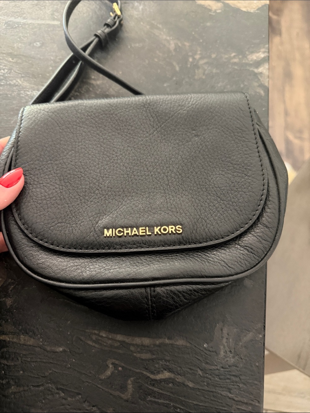 Michael Kors Black Leather Gold-Logo Crossbody Saddle Bag